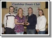 Pictured are the overall winners of Castlebar Tennis Club's Charity Tournament Perpetual Trophy which was held in aid of cancer research. L - R: Kevin Egan (Men's Captain), Slyvia Kane and Walter Donoghue (winners), Bertha Munnelly (Lady Captain). Photo: Ken Wright Photography 