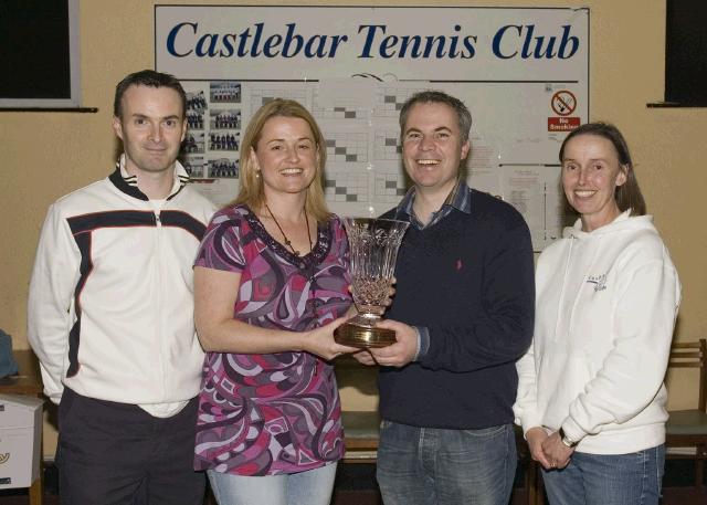 Pictured are the overall winners of Castlebar Tennis Club's Charity Tournament Perpetual Trophy which was held in aid of cancer research. L - R: Kevin Egan (Men's Captain), Slyvia Kane and Walter Donoghue (winners), Bertha Munnelly (Lady Captain). Photo: Ken Wright Photography 