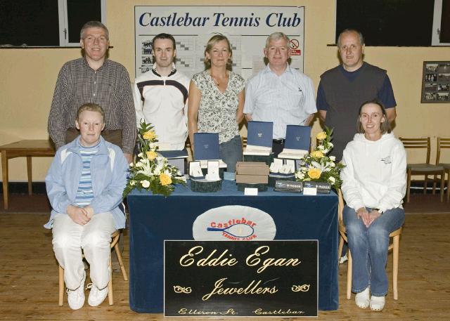 Pictured are the Section 1 winners of Castlebar Tennis Club's annual Charity Tournament. This year's competition was sponsored by Eddie Egan Jewellers and held in aid of cancer research. Front (L - R): Bernie Burke, Bertha Munnelly (Lady Captain). Back (L - R): John O'Donoghue (Chairman), Kevin Egan (Captain, also representing sponsor), Pauline O'Donoghue, Paul Gavin, Martin Moylette. Photo: Ken Wright Photography