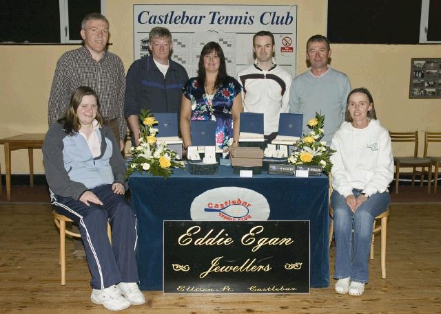 Section 2 winners of Castlebar Tennis Club's annual Charity Tournament. This year's competition was sponsored by Eddie Egan Jewellers and held in aid of cancer research. Front (L - R): Laura Golden (runner-up), Bertha Munnelly (Lady Captain). Back (L - R): John O'Donoghue (Chairman), David McHale (runner-up), Hilda Dunne (winner), Kevin Egan (Captain, also representing sponsor), Willie Thornton (winner). Photo: Ken Wright Photography