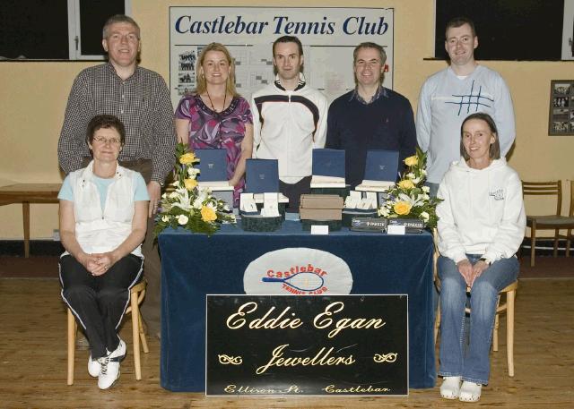 Pictured are the Section 3 winners of Castlebar Tennis Club's annual Charity Tournament. This year's competition was sponsored by Eddie Egan Jewellers and held in aid of cancer research. Front (L - R): Julia Thompson (runner-up), Bertha Munnelly (Lady Captain). Back (L - R): John O'Donoghue (Chairman), Sylvia Kane (winner), Kevin Egan (Captain, also representing sponsor), Walter Donoghue (winner), Peter Dugan (runner-up). Photo: Ken Wright Photography