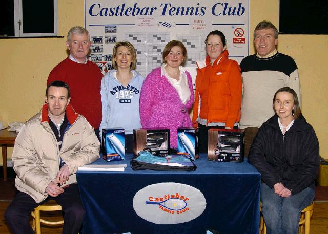 Castlebar Tennis Club Fun Friday sponsored by Fiona Rowland, Rowlands Pharmacy Market Square Castlebar. Section A Winners & Runners Up: Front L-R: Kevin Egan Mens Captain, Bertha Munnelly Lady Captain. Back L-R: Paul Gavin and  Sharon Fox(Runners up), Fiona Rowland (sponsor), Grainne Cashin  and John ODonohue (Winners). Photo  Ken Wright Photography 2007.