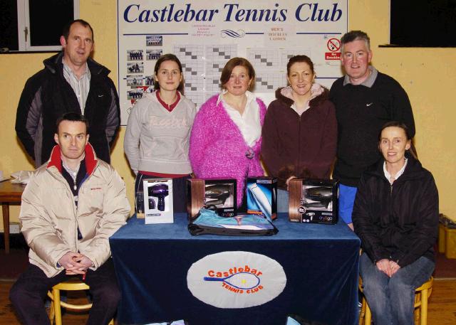 Castlebar Tennis Club Fun Friday sponsored by Fiona Rowland , Rowlands Pharmacy Market Sq Castlebar. Section B Winners & Runners Up Front L-R: Kevin Egan Mens Captain, Bertha Munnelly Lady Captain. Back L-R: Brendan Keane and Nicky Emmett (Runners up), Fiona Rowland (sponsor), Roseann Dietrich and Jerry King (Winners). Photo  Ken Wright Photography 2007. 

