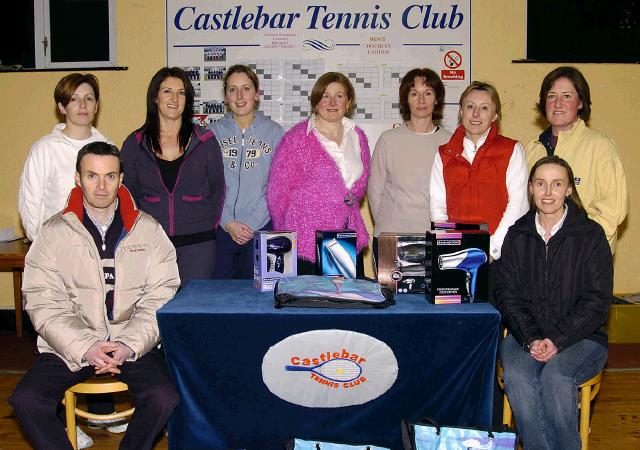 Castlebar Tennis Club Fun Friday sponsored by Fiona Rowland , Rowlands Pharmacy Market Sq Castlebar. Section C Winners & Runners Up Front L-R: Kevin Egan Mens Captain, Bertha Munnelly Lady Captain. Back L-R: Orla McHale 3rd, Caroline Felle 2nd, Ann ODonnell 2nd,  Fiona Rowland (sponsor), Majella King and Yvonne Kilcullen (Winners), Connie White 3rd.. Photo  Ken Wright Photography 2007. 

 
