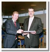 Enda Kenny TD & Leader of Fine Gael, presents Art  Silleabhin (ICT Advisor with Mayo Education Centre) with the Hibernia College Person of the Year 2004 Award, at a ceremony in Mayo Education Centre. (Photography by Ken Wright)
