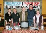 Mulroys Statoil Stations & Togher Tyres Inter Business League at Mayo Rollerbowl
Plate section 4th place winners from Roadstone L-R: Cora Mulroy (Mayo Rollerbowl sponsor), Nora Ansboro,Joe Togher (Togher Tyres sponsor), Alan Mulroy (Mulroys Statoil Stations), Ina Hopkins, Vincent Leonard, Catriona Hopkins: Photo  Ken Wright Photography 2005 
