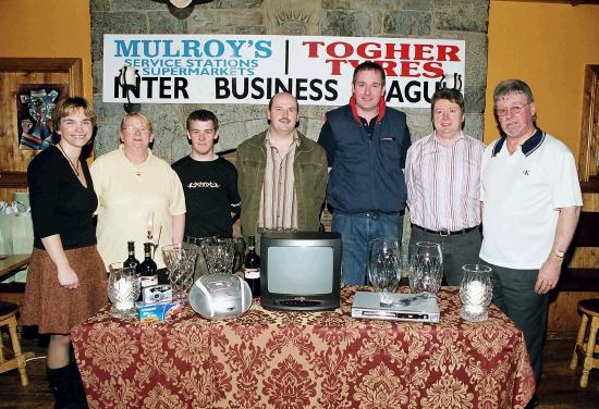 Mulroys Statoil Stations & Togher Tyres Inter Business League at Mayo Rollerbowl
League section 1st place winners from The Hygiene People Team  L-R: Cora Mulroy (Mayo Rollerbowl sponsor), Nora O'Leary, David O'Malley, Joe Togher (Togher Tyres sponsor), Alan Mulroy (Mulroys Statoil Stations), Peter Cartwright, Brian O'Leary: Photo  Ken Wright Photography 2005
