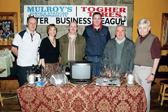 Mulroys Statoil Stations & Togher Tyres Inter Business League at Mayo Rollerbowl
League section 3rd   place winners from Baxters B Team L-R: Martin Mylette, Cora Mulroy (Mayo Rollerbowl sponsor), Joe Togher (Togher Tyres sponsor), Alan Mulroy (Mulroys Statoil Stations), Dominic Di Lucia, John Delaney, : Photo  Ken Wright Photography 2005
