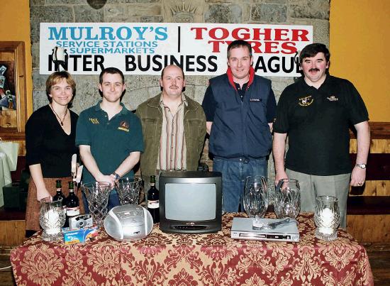 Mulroys Statoil Stations & Togher Tyres Inter Business League at Mayo Rollerbowl
League section 4th place winners from Little Glancys Team  L-R: Cora Mulroy (Mayo Rollerbowl sponsor), Sean Walsh, Joe Togher (Togher Tyres sponsor), Alan Mulroy (Mulroys Statoil Stations), Michael Jordan. Missing from photo Dave O'Rourke and Gerry McHugh: Photo  Ken Wright Photography 2005
