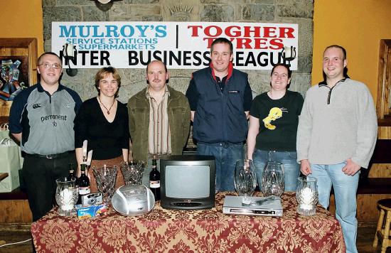 Mulroys Statoil Stations & Togher Tyres Inter Business League at Mayo Rollerbowl
Plate section 1st place winners from Baxter Team 1 L-R: Brian Shoebridge, Cora Mulroy (Mayo Rollerbowl sponsor), Joe Togher (Togher Tyres sponsor), Alan Mulroy (Mulroys Statoil Stations), Aileen Kelly, Michael Lean: Photo © Ken Wright Photography 2005