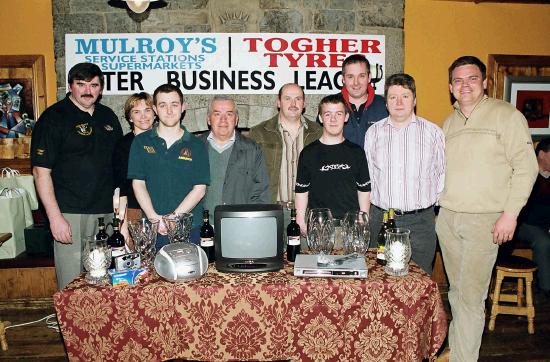 Mulroys Statoil Stations & Togher Tyres Inter Business League at Mayo Rollerbowl
Weekly High Game Winners Front L-R: Michael Jordan (Little Glancys) , Cora Mulroy (Mayo Rollerbowl sponsor), Sean Walsh(Little Glancys), Dominic Di Lucia (Baxters),  Joe Togher (Togher Tyres sponsor), Dave O'Malley (The Hygiene People), Alan Mulroy (Mulroys Statoil Stations), Peter Cartwright (The Hygiene People), John Mulroy (J.Mulroy Builders): Photo  Ken Wright Photography 2005 
