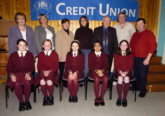 Castlebar Credit Union School Quiz held in Davitt College 
Runners Up Senior Section from St. Angelas NS Front L-R: Ailish Gavin, Hannah McEllin, Jessica Dolan, Maria Zia, Emma DeBarra. Back L-R: Patricia Walsh (CU),
Bridie Clarke (CU),  Mary Golden (Teacher), Maria Spellman (Teacher), Paddy Glynn (CU), John Walsh (CU), Michael Murray (CU). Photo  Ken Wright Photography 2007.
