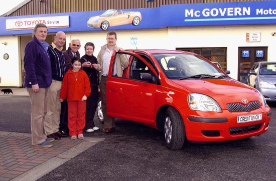 Castlebar Credit Union February Members Draw. Sean McCann (CU) Presenting Seamus ODocherty winner of a Toyota 1LT 4 door Yaris Car.
L-R: John Burke (CU), Paddy McGovern Sean McCann ( CU), Catherine ODocherty, Seamus ODocherty (winner)  Front Roisin McGovern,: Photo  Ken Wright Photography 2005 
