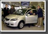 Pictured in Monaghans Garage Castlebar John Walsh representing Castlebar Credit Union presenting the keys of a Mazda 2 to Matty Togher from Castlebar Winner of the Winter Members Draw L-R: David Monaghan, John Burke, Matty Togher, John Walsh. Photo  KWP Studio 094. 

