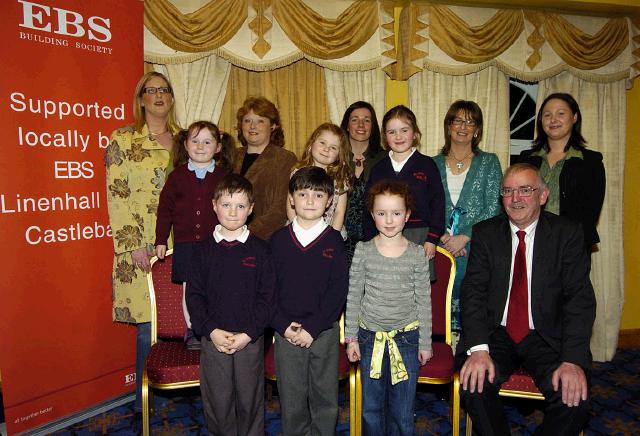 Pictured in the T.F. Royal Hotel & Theatre Castlebar winners of the I.N.T.O. / E.B.S.
Handwriting Competition Category B Front L-R: John Crumlish (St. Josephs NS. Ballinrobe), Ross Philbin (St. Josephs NS. Swinford), Erin Dowd (Scoil Muire gan Smal), Jim Higgins (C.E.C. of District IV - I.N.T.O.). Category A Middle Row L-R: Hilary Lavin (St. Josephs NS. Swinford), Susan Ni Fhloinn (Gaelscoil Uileog de Burca Claremorris), Emily Boyle (St. Josephs N.S. Ballinrobe). Back L-R: Maire English (Co-ordinator), Sally Lavin (teacher St. Josephs NS. Swinford), Caitriona Carney (teacher St. Josephs N.S. Ballinrobe), Patricia Burke, Tara Biesty (E.B.S.). Photo  Ken Wright Photography 2007. 

