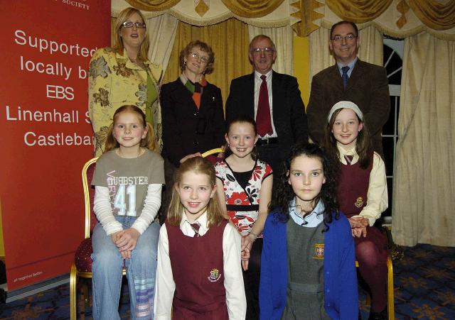 Pictured in the T.F. Royal Hotel & Theatre Castlebar winners of the I.N.T.O. / E.B.S.
Handwriting Competition Category C Front L-R: Sinead Mylett (St. Angelas N.S. Castlebar), Ciara OBrien (Scoil Muire gan Smal). Category D Middle Row L-R: Laura Beston (Scoil Muire gan Smal), Laura Keane (Scoil Muire gan Smal), Kate Moore (St. Angelas N.S. Castlebar). Back L-R: Maire English (Co-ordinator), Noreen Jennings (teacher St. Angelas N.S. Castlebar), Jim Higgins (C.E.C. of District IV- I.N.T.O.), Barney Kiernan (E.B.S.). Photo  Ken Wright Photography 2007. 
