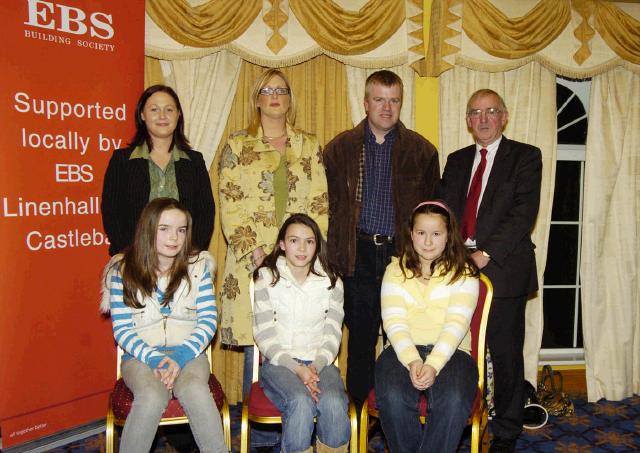 Pictured in the T.F. Royal Hotel & Theatre Castlebar winners of the I.N.T.O. / E.B.S.
Handwriting Competition Category E Front L-R: Megan Flynn (St. Columbas N.S. Westport), Niamh Padden (St. Oliver Plunkett N.S. Ballina), Jennifer Murphy (Facefield N.S. Claremorris). Back L-R: Tara Biesty (E.B.S.), Maire English (Co-ordinator), Noel Commons (teacher Facefield N.S. Claremorris).  Jim Higgins (C.E.C. of District IV - I.N.T.O.), Photo  Ken Wright Photography 2007. 
