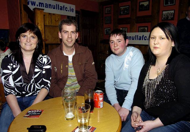 Pictured in Flukeys Bar Belcarra are a group of Manulla Football Club members L-R: Caroline Barrett, Walter Barrett, Damien Joyce, and Nicola Freyne. Photo  Ken Wright Photography 2007. 