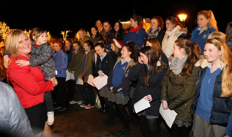 Cllr Noreen Heston, Mayor of Castlebar pictured with choir from St Josephs Secondary School, Castlebar for the official turning on of the Castlebar newly Extended Festive lighting on the Mall Castlebar. Photo: © Michael Donnelly