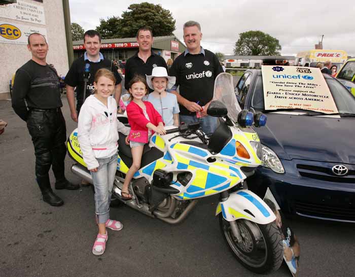 Aoibhinn Joyce, Maura Gibbons, and Anita Kerrigan Cloughbrack / Clonbur pictured with the fundraising Gardai for the "Garda - UNICEF Motorcycle drive across America" which takes place in May 2007. Fundraising were from left: Garda Declan Casey, Mick Mullaney, Pat O'Hora  and Inspector Mick Murray of the traffic unit. The fundraising is being done by the Western Garda Region, and they hope to raise 250,000 euros. The tickets are E50.00 each and first prize is a Toyota car sponsored by Swinford Motors. Photo:  Michael Donnelly