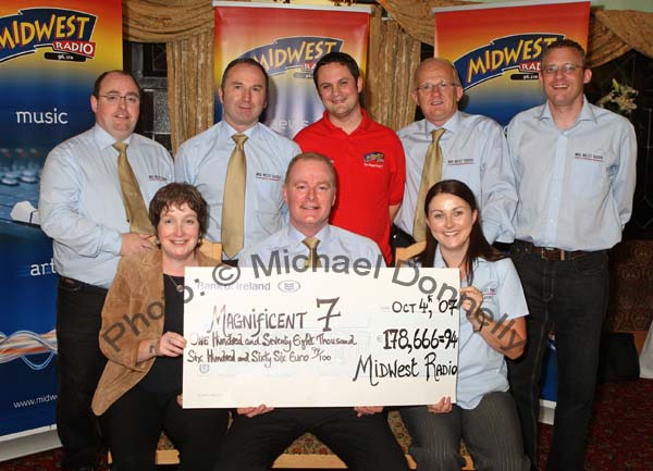 The Magnificent 7 from Mid West Radio pictured with a cheque for 178,666 Euros and 94 cent, which they presented to various Mayo charities, front from left, Teresa O'Malley, Tommy Marren and Angelina Nugent; at back from left: Viv Brennan Chris Carroll,  David Cawley, Paul Claffey and Padraic Walsh. Photo:  Michael Donnelly