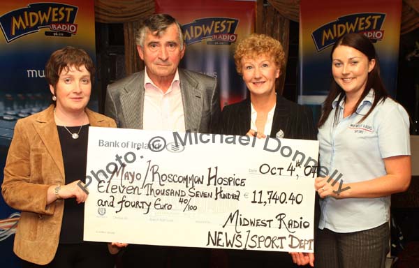  Mid West Radio News and Sport present a cheque from the Magnificent 7 Fundraising Challenge to Mayo Roscommon Hospice for 11,740 Euros and 40 cent from left, Teresa O'Malley, MWR News; Dr Bert Farrell, Patron Mayo Roscommon Hospice; Cynthia Clampett, Mayo Roscommon Hospice  and Angelina Nugent, MWR Sport. Photo:  Michael Donnelly