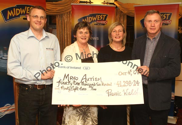 Padraic Walsh of Mid West Radio presents a cheque for 41,298 Euros 24 cent from his Magnificent 7 Fundraising Challenge to Mary Lydon and Carmel and Enda Hiney of Mayo Autism. Photo:  Michael Donnelly