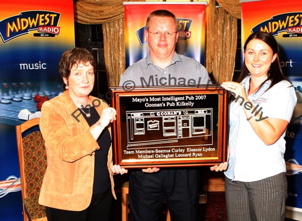 Teresa O'Malley, Mid West Radio (News) and Angelina Nugent, Mid West Radio (Sport) present an Inscribed Mirror to  Seamus Curley team member of Goonan's Pub Kilkelly, Overall winners of the Most Intelligent Pub in Mayo in the Magnificent 7 Charity Challenge. Photo:  Michael Donnelly
