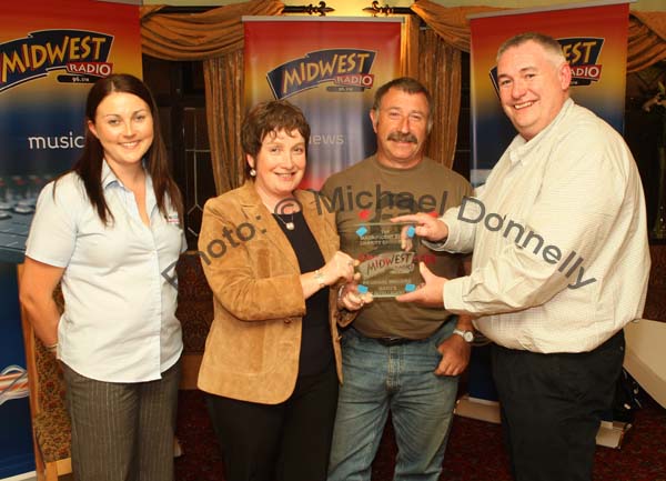The Copper Beech Straide were Regional winners of the Most Intelligent Pub in Mayo, pictured are Angelina Nugent, Mid West Radio (Sport) and Teresa O'Malley, Mid West Radio (News)   presenting an Inscribed Plaque to John McNicholas team member and Brendan Maloney (Publican) Copper Beech. Photo:  Michael Donnelly