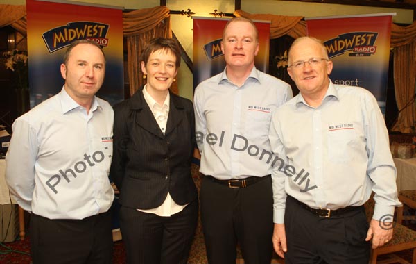 Margaret Tumelty of the Broadcasting Commission of Ireland pictured  at the presentation of Cheques in the Welcome Inn Hotel Castlebar from the Magnificent 7 Fundraising Challenge with from left: Chris Carroll, Tommy Marren and Paul Claffey. Photo:  Michael Donnelly