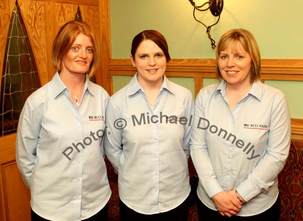 Mid West Radio staff pictured at the presentation of cheques in  the Magnificent 7 Charity Challenge in the Welcome Inn Hotel, from left; Bernie Greally Cathriona McGuire and Mary Raftery. Photo:  Michael Donnelly