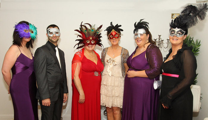 Westport group pictured at The Masquerade Ball in the Royal Theatre Castlebar in aid of the Irish Cancer Society and Officially Sponsored by Tia Maria, from left: Natalie Mooney, Michael  Sengupta, Jenny Murray,  Eilish Crossan, Charolette  Murray and Ann Walsh. Photo: © Michael Donnelly Photography