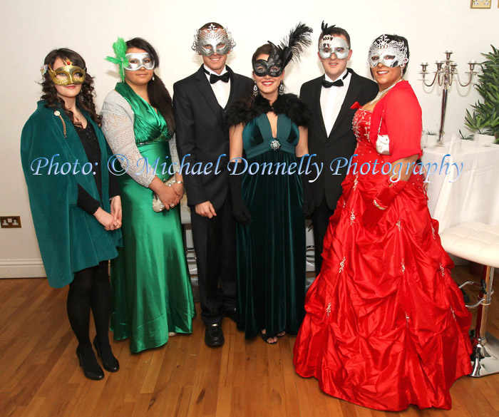 Clare Roche, Tanya McNicholas and Noel McNicholas, Straide, pictured with Emma Kells, Drogheda, and Francis and Leila McHale, Knockmore  at The Masquerade Ball in the Royal Theatre Castlebar in aid of the Irish Cancer Society and Officially Sponsored by Tia Maria. Photo: © Michael Donnelly Photography