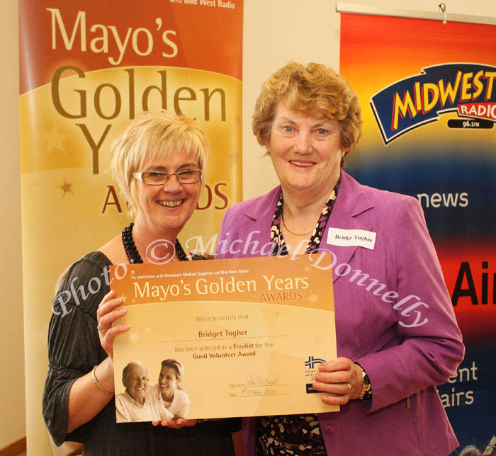 Bridget Togher, Ballycroy was a  "Good Volunteer" finalist at the Mayo's Golden Years Awards 2010 at Homecare Medical Supplies Ballyhaunis in association with Mid West Radio is presented with her certificate by by Marie Munnelly, Mayo Volunteer Centre. Photo:Michael Donnelly,