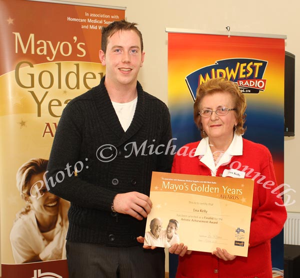 Brendan McGuinness,  Homecare Medical Supplies  presents Ena Kelly Ballina with an "Artistic Achievement Award" Certificate at the Mayo's Golden Years Awards 2010 at Homecare Medical Supplies Ballyhaunis in association with Mid West Radio .Photo:Michael Donnelly
