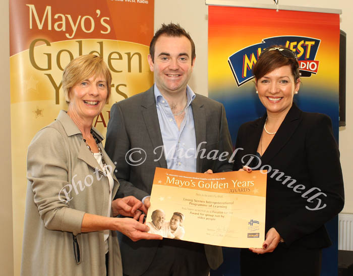 Patrick Feeney, presents Gerardine O'Mahony, St Joseph’s Secondary School, Charlestown and Dr Mary Surlis, Director of Living Scenes, NUI Galway with a  finalist certificate  for "Living Scenes Intergenerational Programme of Learning"  at the Mayo's Golden Years Awards 2010 at Homecare Medical Supplies Ballyhaunis in association with Mid West Radio, Photo:Michael Donnelly,