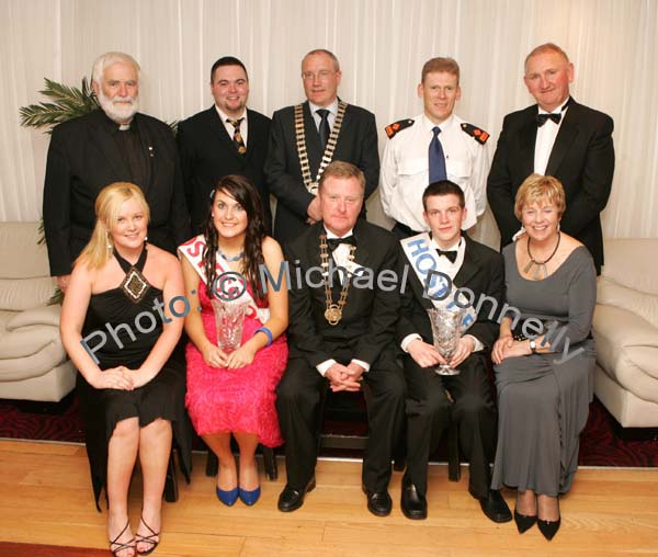 Judges and Guests pictured at the "The National Youth Awards 2007" which were held in the TF Royal Theatre Castlebar, front from left: Nikki Hayes, Compere; Laura O'Sullivan, Celbridge Co Kildare winner of the Hostess of the Year 2007; Anthony McCormack, National Chairman No Name Club; Patrick Burke, Claremorris, winner of the Host of the Year at the final of "The National Youth Awards 2007" and Liz Howard, Judge at back: Fr Micheal McGreil, Peter Fay, Judge; Eugene McCormack, Castlebar Town Council;  Supt Paul Moran, Tipperary (originally from Newport Co Mayo), and Chief Supt Tony McNamara. Photo:  Michael Donnelly
