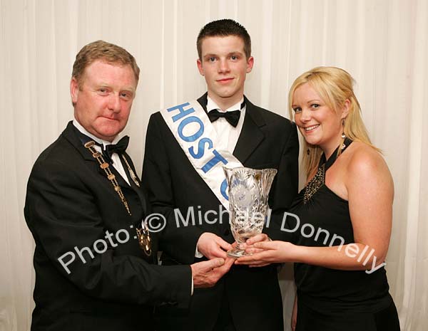 Patrick Burke, Claremorris, winner of the Host of the Year at the final of "The National Youth Awards 2007" hosted by the No Name! Club in the TF Royal Theatre Castlebar pictured with Anthony McCormack, Ballinrobe, National Chairman of the "No Name Club" and Nikki Hayes (2fm DJ) and compere on the night. Photo:  Michael Donnelly