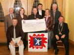 John OShaughnessy, chairman of the Mayo People in Need Committee, (centre) presents a cheque for 3,000 Euros to Aisling Cleary and Catherine Dillon, Moy Heights, Ballina, at the distribution of 163,100 Euros collected in the "Telethon 2004 - People in Need" fundraising in the Welcome Inn Hotel Castlebar, include in photo are People in Need Committee, front from left: Michael Larkin, and Pat Murray, President Castlebar Chamber of Commerce; At back from left: Tom Kenny. James Kilbane, and Joe Brett.  Photo Michael Donnelly