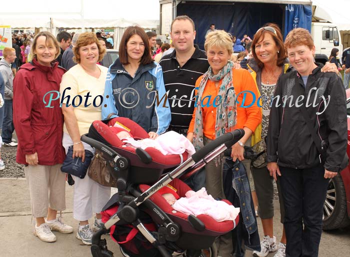 Group from Enniscrone, pictured at Bonniconlon 61st Agricultural Show and Gymkhana from left: Geraldine McDonnell, Margaret Conmy, Teresa and Declan Hallinan, Mary Hallinan, Mary Coleman and Margaret Healy, at front are the Twins Saoirse (top) and Erin Hallinan (bottom). Photo: © Michael Donnelly