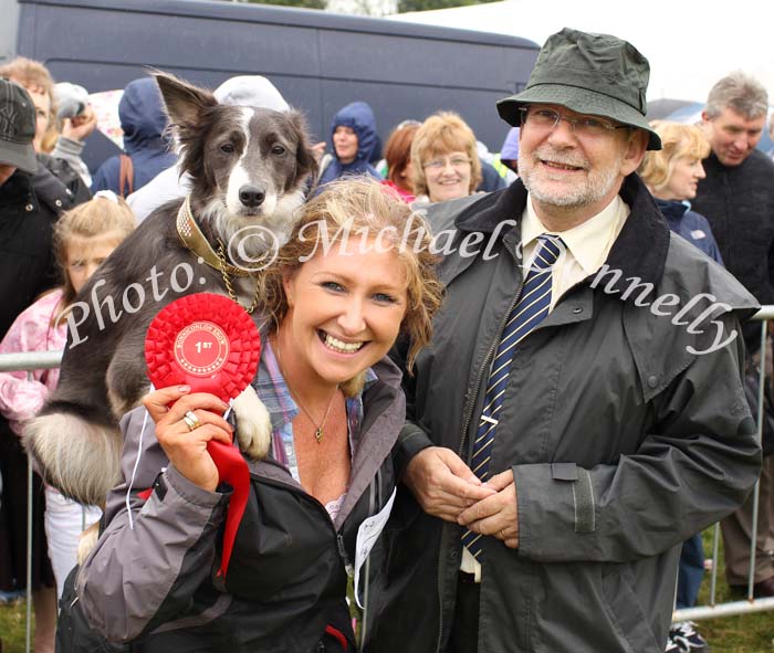 Anne Jennings, Irishtown pictured at Bonniconlon 61st Agricultural Show and Gymkhana with "Most Obedient Dog" (sponsored by Ballina Heating and Plumbing) and Dr Gerard Fleming, Galway (Judge). Photo: © Michael Donnelly