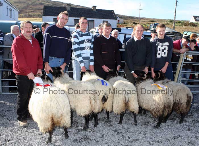 Winners of the Pen of 2 Ewe Lambs class (Open) at the 21st Achill Sheep Show (Taispentas Caorach Acla 2007) at Pattens Bar, Derreens Achill was from left John Nolan, Newport (assisted by Pat Chambers); 2nd Pat and Tom Muchrone and 3rd Martin McGlynn, assisted by Thomas McLoughlin. Photo:  Michael Donnelly