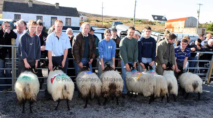 Winners of the Pen of 2 Ewe Lambs class (Confined) at the 21st Achill Sheep Show (Taispentas Caorach Acla 2007) at Pattens Bar, Derreens Achill was from left 1st Liam and Thomas Gallagher Dookinella;  2nd Pat Vesey and Michael Davitt; 3rd Michael Tommy Gallagher  Currane and Diarmuid O'Mallley; 4th Sean Corrigan and Kevin Lavelle Currane. Photo:  Michael Donnelly