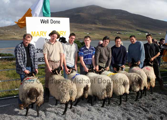 Winners of the Pen of 2 Hogget Ewes class (Confined) at the 21st Achill Sheep Show (Taispentas Caorach Acla 2007) at Pattens Bar, Derreens Achill were from left 1st Jim and Gerard O'Malley Ballyknock Achill; 2nd Martin Calvey Keel, and Kevin Lavelle; 3rd  Sean Corrigan Dookinella and Kieran O'Malley  and 4th Mark Davitt and Tom Davitt. Photo:  Michael Donnelly