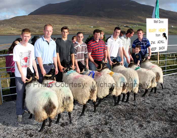 Winners of the Pen of 2 Aged Sheep (Confined) at the 21st Achill Sheep Show (Taispentas Caorach Acla 2007) at Pattens Bar, Derreens Achill were from left 1st Finbarr and Thomas Gallagher; 2nd Mark Gallagher and Paul Davitt; 3rd Andrew Dever and Steve O'Malley and 4th Peter and Peter (jnr) O'Malley and Martin Calvey. Photo:  Michael Donnelly