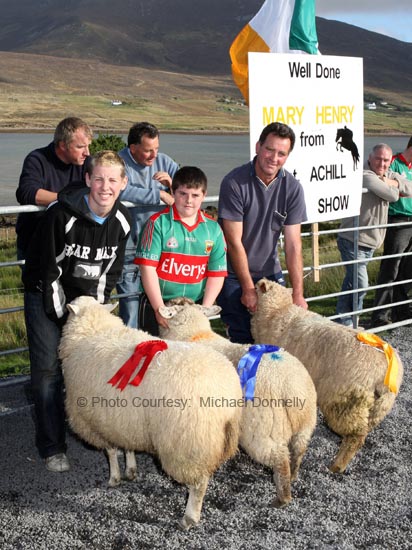 Winner of  Best Crossbred Ewe Lamb (Open) at the 21st Achill Sheep Show (Taispentas Caorach Acla 2007) at Pattens Bar, Derreens Achill was Padraic Ryder Kilbride Newport; 2nd Lee and Sean Mooney Dooagh; and 3rd John Dyra, Newport. Photo:  Michael Donnelly