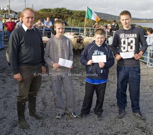 Winners of the Judging competition are presented with their prizes by Martin McGlynn (Achill Sheep Show Committee) at the 21st Achill Sheep Show (Taispentas Caorach Acla 2007) at Pattens Bar Derreeens Achill, from left Martin McGinty Saula 1st; Dylan Henry, Belfarsad 2nd; and Tom McLoughlin, Claggan, 3rd. Photo:  Michael Donnelly