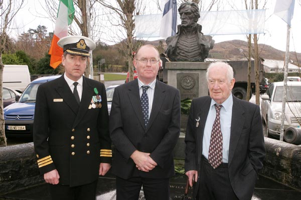Pictured at the commemorations in Foxford Co Mayo Ireland to mark the 150th Anniversary of the death of Admiral William Brown, who was born in Foxford in 1777, from left: Commander Mark Mellett, Irish Naval Sevice, Councillor Joe Mellett, MCC and Kevin Sherry, Foxford last surviving member of the original Admiarl Brown Society in Foxford, wearing the Centenary medal  he recieved in 1957 at the Centenary Celebrations which took place in Foxford. Photo Michael Donnelly