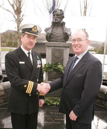 Commander Mark Mellett, Irish Naval Sevice, is pictured with Councillor Joe Mellett, MCC at the commemorations in Foxford Co Mayo Ireland to mark the 150th Anniversary of the death of Admiral William Brown, who was born in Foxford in 1777. Photo Michael Donnelly