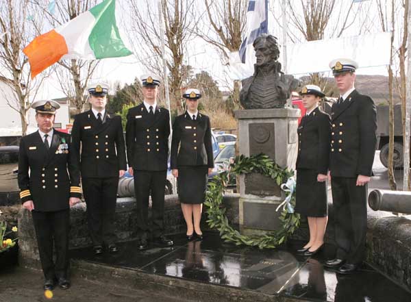 Commander Mark Mellett, and officer Cadets of the Irish Naval Sevice, pictured at the commemorations in Foxford Co Mayo Ireland to mark the 150th Anniversary of the death of Admiral William Brown, who was born in Foxford in 1777, Photo Michael Donnelly